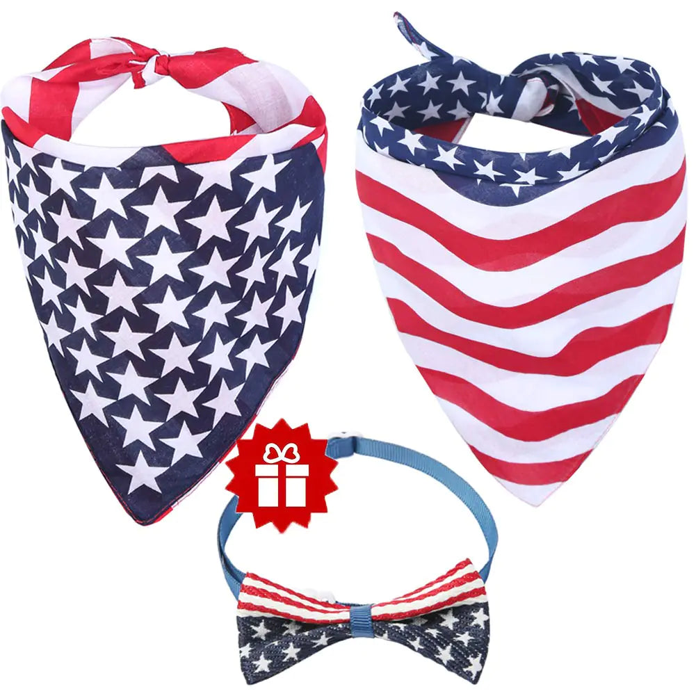 American Flag Dog Bandana Triangle Bibs Scarf Accessories Collar with Bow Tie for Dogs Pets Animals